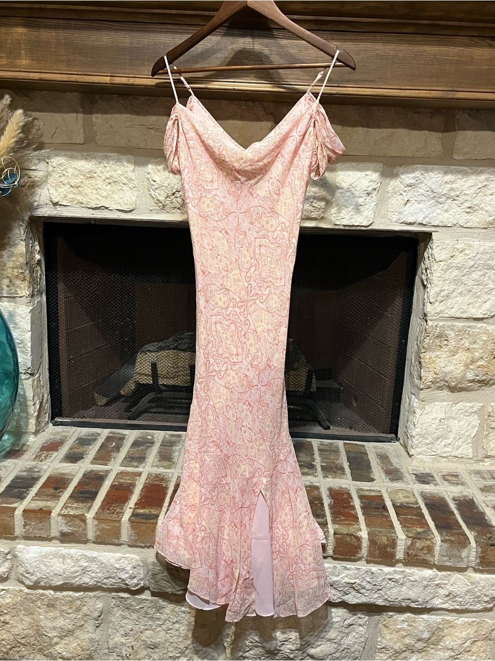 Y2K Blush Pink Paisley Silk Midi Dress Romantic Cold Shoulder Boho Fairycore